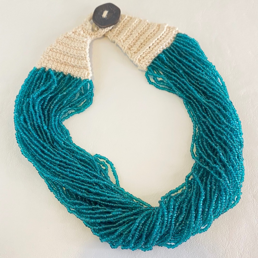 Vintage 1984 India Coin Teal Glass Seed Bead Multi Strand Crochet Necklace 21"
